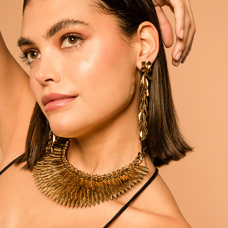 Model wearing our Deepa by Deepa Gurnani Handmade Demeter Earrings in Gold Color