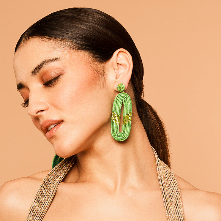 Model wearing our Deepa by Deepa Gurnani Handmade Olga Earrings in Green Color