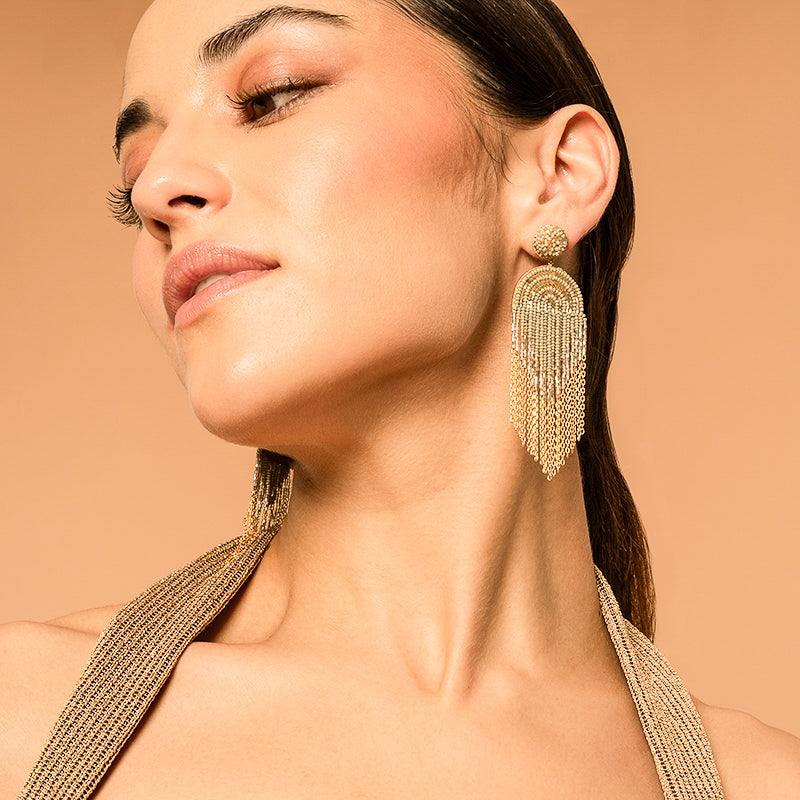 Model Wearing Deepa by Deepa Gurnani Handmade Killian Earrings In Green Color