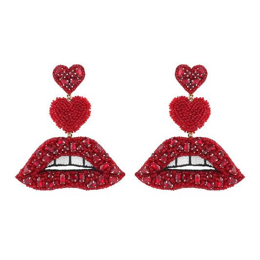 Handmade Luscious crystal red lip earrings by Deepa Gurnani