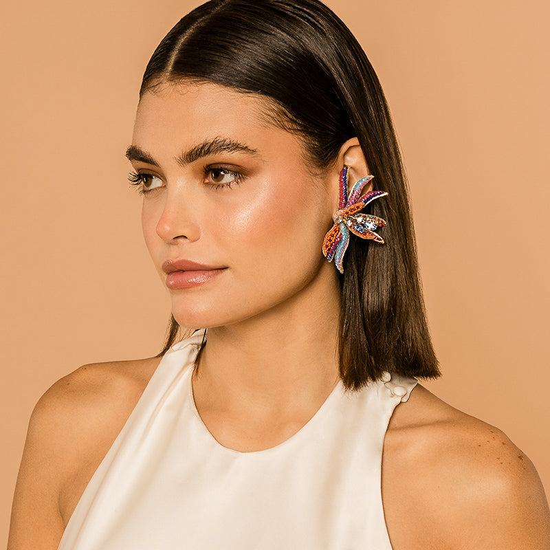 Model Wearing Deepa Gurnani handmade Paradise Earrings in Multi color