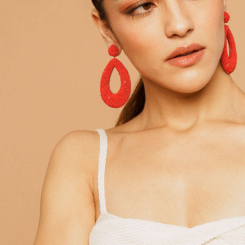 Model Wearing Deepa Gurnani handmade Meryl Earrings in Red color