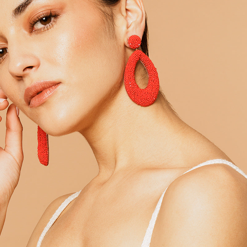 Model Wearing Deepa Gurnani handmade Meryl Earrings in Red color