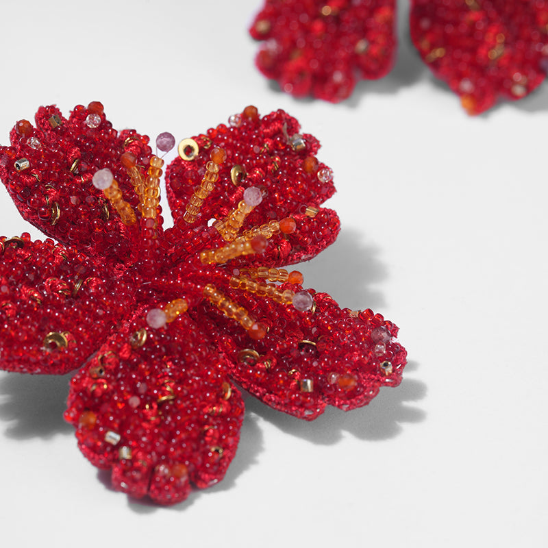 Deatil Of Deepa Gurnani handmade Hibiscus Earrings in Red color