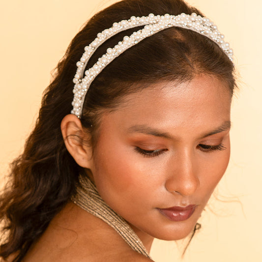 Model Wearing Deepa by Deepa Gurnani Handmade Deborah Headband Ivory Color