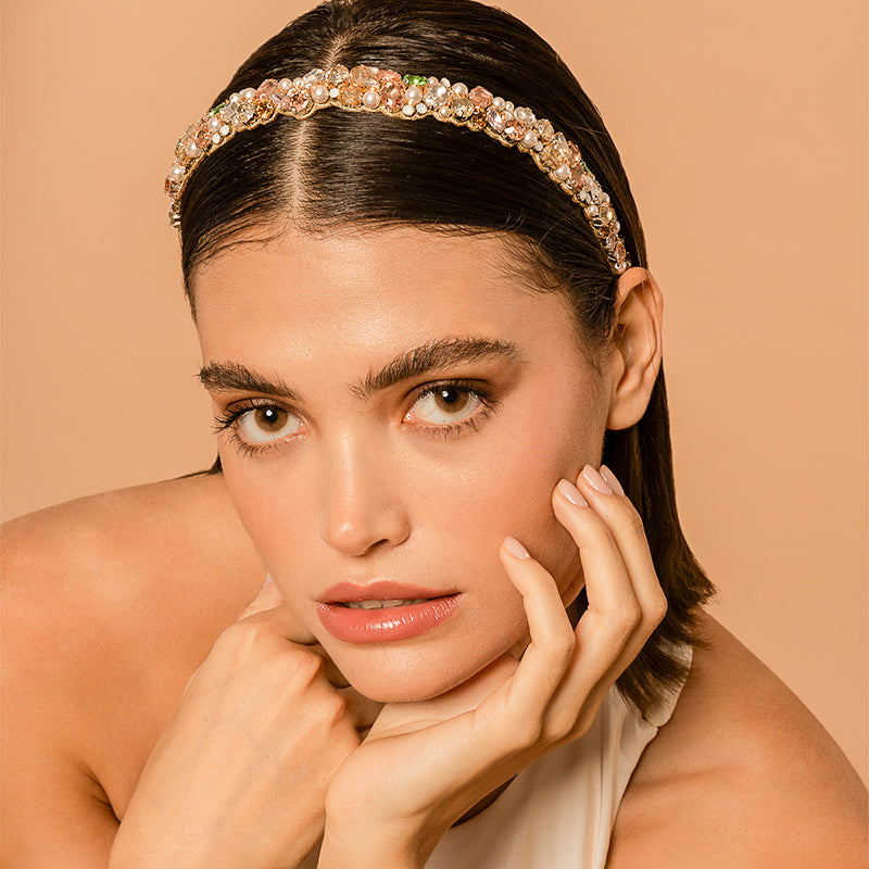 Model Wearing Deepa by Deepa Gurnani Handmade Somar Headband in Multi color