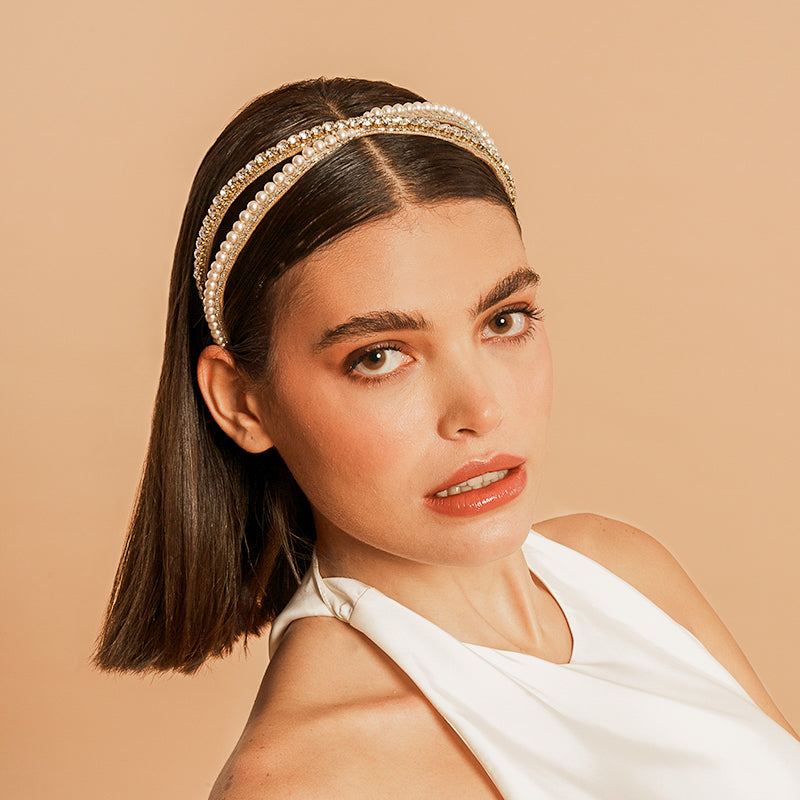 Model Wearing Deepa by Deepa Gurnani Handmade Rei Headband in Gold color