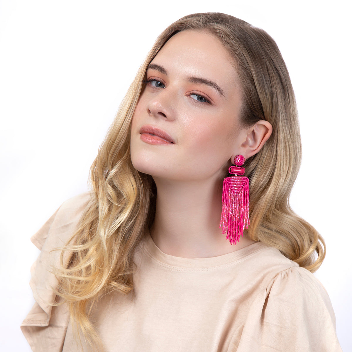 Model wearing Deepa By Deepa Gurnani handmade Jody Earrings in hot pink color