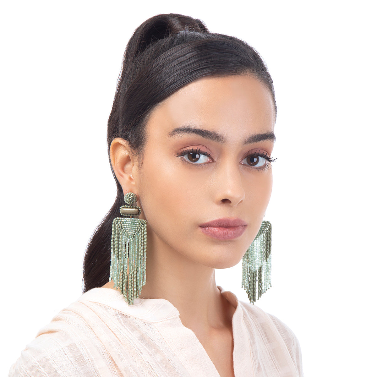 Model wearing Deepa By Deepa Gurnani handmade Jody Earrings in olive color