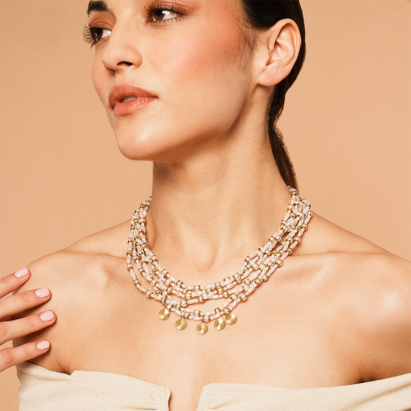 Model Wearing Deepa by Deepa Gurnani Handmade Saravia Necklace in Ivory color