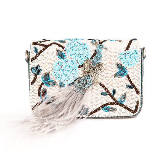 Deepa Gurnani handmade Peacock Clutch in Powder Blue color